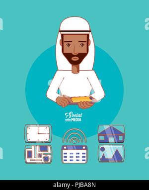 arab man portrait with cellphone apps social media vector illustration Stock Vector