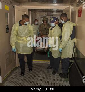 PACIFIC OCEAN (July 11, 2018) Sailors assigned to Military Sealift Command hospital ship USNS Mercy (T-AH 19), transfer a patient to a chemical decontamination room before administering care during a search and rescue, and chemical decontamination exercise in support of Rim of the Pacific (RIMPAC) exercise, 2018.  Twenty-five nations, 46 ships and five submarines, about 200 aircraft, and 25,000 personnel are participating in RIMPAC from June 27 to Aug. 2 in and around the Hawaiian Islands and Southern California. The world’s largest international maritime exercise, RIMPAC provides a unique tra Stock Photo