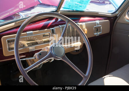 MATTHEWS, NC (USA) - September 3, 2018: Dashboard of a 1940 Chevy automobile on display at the 28th annual Matthews Auto Reunion & Motorcycle Show. Stock Photo