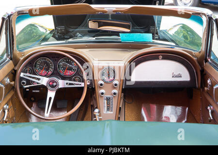 MATTHEWS, NC (USA) - September 3, 2018: Dashboard of a 1967 Chevy Corvette on display at the 28th annual Matthews Auto Reunion & Motorcycle Show. Stock Photo