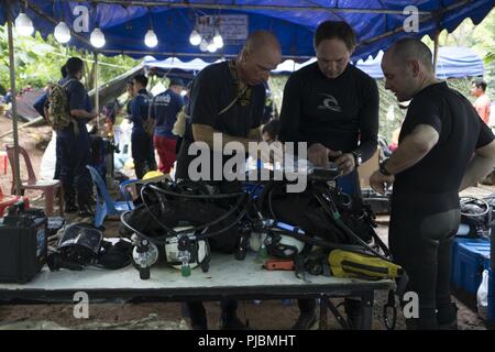 International search and rescue teams prepare dive equipment July 2, 2018, at Chiang Rai, Thailand. At the request of the Royal Thai government, the United States, through USINDOPACOM, sent a search and rescue team from Okinawa, Japan to assist Thai rescue authorities in locating 12 youth football players and their coach. Stock Photo