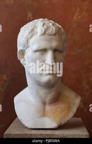 Marble bust of Roman statesman Marcus Vipsanius Agrippa on display in the Louvre Museum in Paris, France. The bust dated from ca. 25-24 BC was discovered in the Forum of Gabii in Latium, Italy. Stock Photo