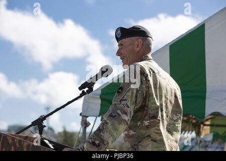 TORII STATION, OKINAWA, Japan – Maj. Gen. James F. Pasquarette speaks during the 10th Support Group (Regional) Change of command ceremony July 13 on Torii Station, Okinawa, Japan. Maj. Gen. Pasquarette is the U.S. Army Pacific Chief of Staff. Col. Theodore O. White relieved Col. Derek K. Jansen as commanding officer of 10th SG(R). Jansen was the commanding officer for two years. Stock Photo