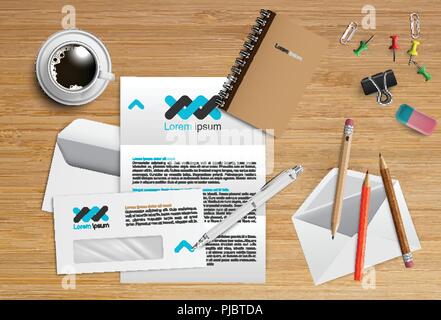 Realistic office desk with different objects, vector illustration Stock Vector