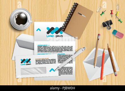 Realistic office desk with different objects, vector illustration Stock Vector