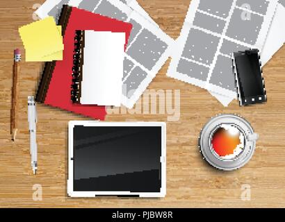 Realistic office desk with different objects, vector illustration Stock Vector