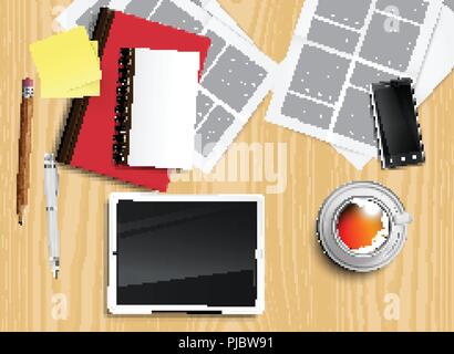 Realistic office desk with different objects, vector illustration Stock Vector