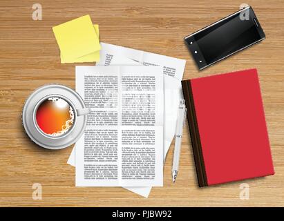 Realistic office desk with different objects, vector illustration Stock Vector