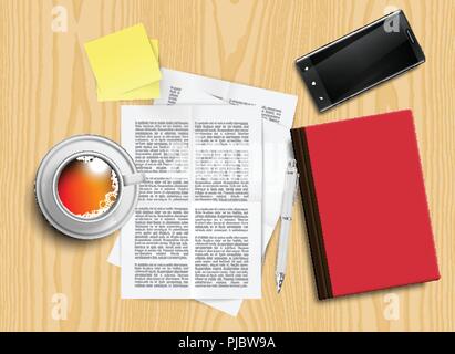 Realistic office desk with different objects, vector illustration Stock Vector