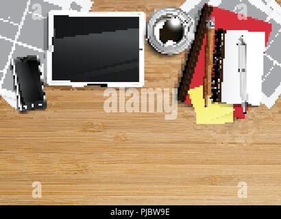 Realistic office desk with different objects, vector illustration Stock Vector