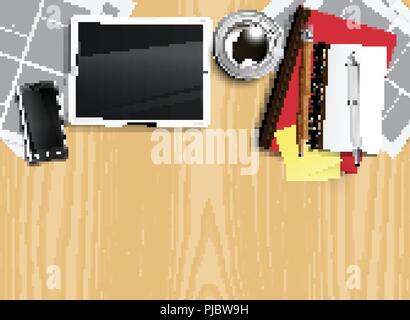 Realistic office desk with different objects, vector illustration Stock Vector