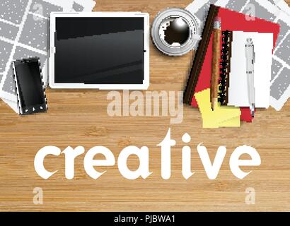 Realistic office desk with different objects, vector illustration Stock Vector