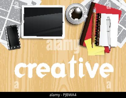 Realistic office desk with different objects, vector illustration Stock Vector