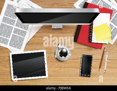 Realistic office desk with different objects, vector illustration Stock Vector