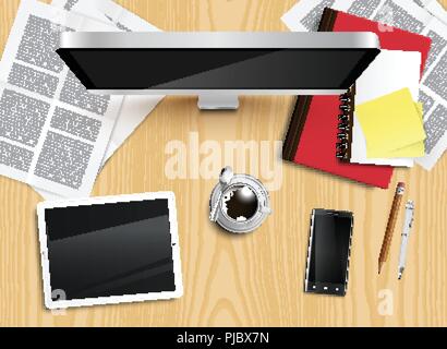 Realistic office desk with different objects, vector illustration Stock Vector