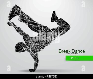 Silhouette of a break dancer. Background and text on a separate layer, color can be changed in one click. Stock Vector