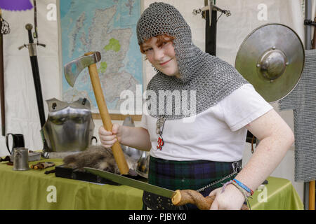 Young freckled woman in costume at Capital District Scottish Games in Altamont, New York Stock Photo