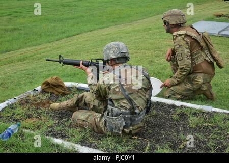 In this image, released by the U.S. Army Reserve, Soldiers with the 420th Engineer Brigade conduct weapons qualification training during River Assault 2018 at Fort Chaffee, Arkansas, July 18, 2018. The exercise stresses the warrior and engineer skills of the troops as they engage two weeks of training in weapons familiarity, security, and wet gap crossing in a tactical environment. Stock Photo