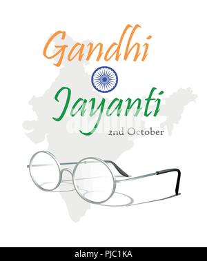 2nd October. Gandhi Jayanti. An inscription in the form of Indian flag with ashoka chakra and eyeglasses over silhouette of the map of India. Vector i Stock Vector