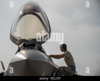 U.S. Air Force Senior Airman Eric Hansard, 58th Aircraft Maintenance Unit crew chief, climbs an F-35A Lightning II ladder to access the cockpit July 16, 2018, at Westover Air Reserve Base, Mass. The Great New England Air and Space Show celebrated 70 years of Air Force Reserve history by hosting dozens of demonstrations and displays that highlight global reach capability and air superiority. Stock Photo