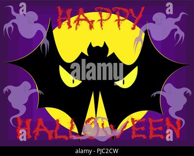 silhouette of the bat-vampire with ghosts in the background of the moon halloween creative illustration Stock Vector