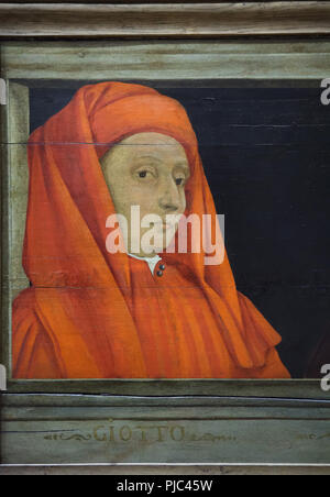 Italian Renaissance painter Giotto di Bondone depicted in the painting 'Five Masters of the Renaissance Art' by Florentine painter from the end of the 15th century or the beginning of the 16th century, probably by Paolo Uccello or Masaccio on display in the Louvre Museum in Paris, France.