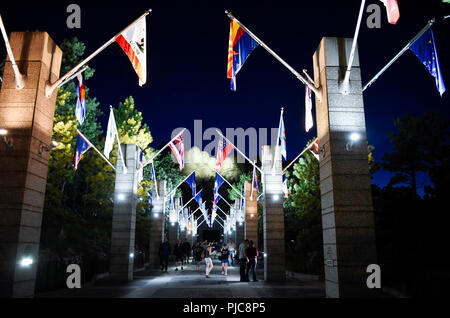 Historic Mount Rushmore National Park at night with sculpture and flag trail lit up. Stock Photo