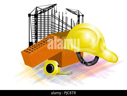 helmet and bricks, building concept. tape-measure, helmet, bricks  onmulticolor background Stock Vector