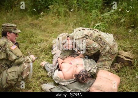 U.S. Army Pvt. Joshua Rowe from Charlie Company, 725th Brigade Support Battalion (Airborne), 4th Infantry Brigade Combat Team (Airborne), 25th Infantry Division checks for breathing on a dummy patient during a company level “best medic” competition July 24, 2018 at Joint Base Elmendorf-Richardson, Alaska. The 725th Brigade Support Battalion is conducting a 4 day challenge to select two medics to be sent as competitors to the USARAK best medic competition. Stock Photo