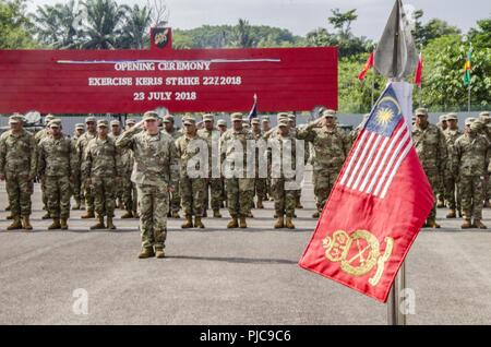 Soldiers from the Charlie Company, 100th Battalion, 442nd Infantry Regiment, salute the U.S. flag at the opening ceremony for Exercise Keris Strike, July 23, 2018. Exercise Keris Strike is a bilateral exercise between Malaysia and the U.S., with an emphasis on regional humanitarian assistance and disaster relief operations. Stock Photo