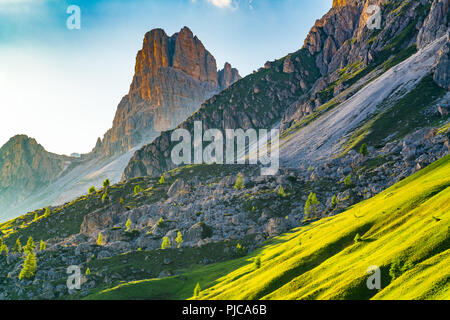 View of evening light on the Dolomites mountain at Giau Pass in Belluno Italy Stock Photo