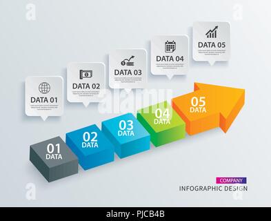 Infographics arrow timeline step with 5 data template. Vector Process chart background. Can be used for workflow layout, data, business options, banne Stock Vector