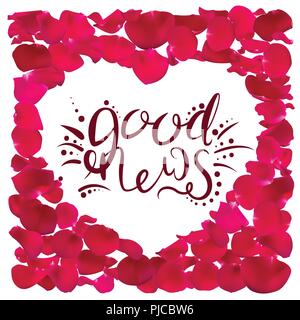 The good news calligraphy. Pink. Vector illustration. Frame from rose petals in the shape of a heart. Stock Vector