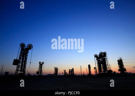 Oil field, the tower type pumping unit in the evening Stock Photo