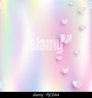 Abstract gradient rainbow foil background, bright holographic effect, with colorful hearts. Vector illustration for romantic greetings, wedding Stock Vector