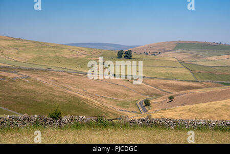 A narrow country lane winds through the valley of Long Dale in the limestone landscape of Derbyshire's Peak District. Stock Photo