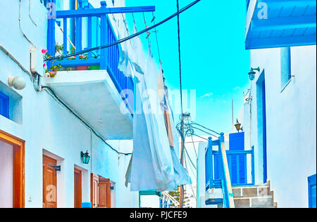 Drying clothes on balcony in Mykonos, Greece Stock Photo