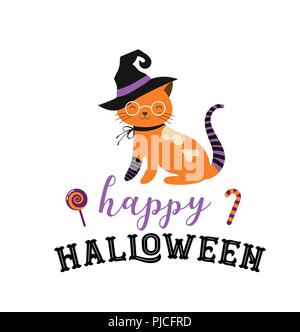 Happy Halloween - cats in monsters costumes, Halloween party. Vector illustration, banner, elements set Stock Vector