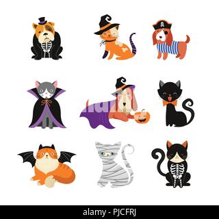 Happy Halloween - cats and dogs in monsters costumes, Halloween party. Vector illustration, banner, elements set Stock Vector