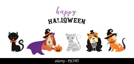 Happy Halloween - cats and dogs in monsters costumes, Halloween party. Vector illustration, banner, elements set Stock Vector