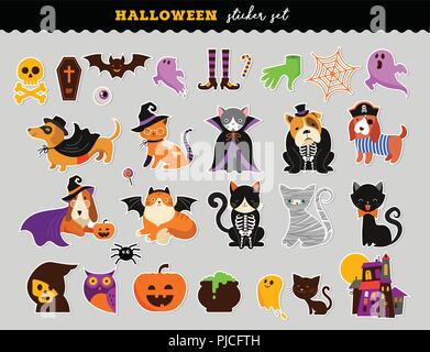 Happy Halloween - stickers set of cats and dogs in monsters costumes, Halloween party. Vector illustration, banner, elements set Stock Vector