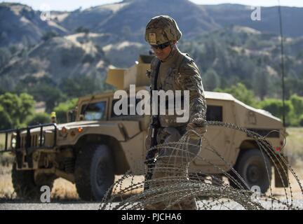 Sgt. Ray Franco, a U.S. Army Reserve military police Soldier from the 56th Military Police Company, of Mesa, Arizona, removes barbed wire after completing security for a combined arms breach during a Combat Support Training Exercise (CSTX) at Fort Hunter Liggett, California, July 22, 2018. This rotation of CSTX runs through the month of July, training thousands of U.S. Army Reserve Soldiers from a variety of functions to include military police, medical, chemical, logistics, transportation and more. Stock Photo