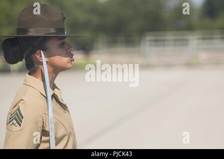 U.S. Marine Corps Sgt. Daniela Conchasvasquez, drill Instructor with Platoon 4036, Oscar Company, 4th Recruit Training Battalion, commands her platoon during Initial Drill at Peatross Parade Deck on Marine Corps Recruit Depot Parris Island, S.C., July 23, 2018. The recruits are scored for initial drill according to confidence, attention to detail, and discipline. Stock Photo