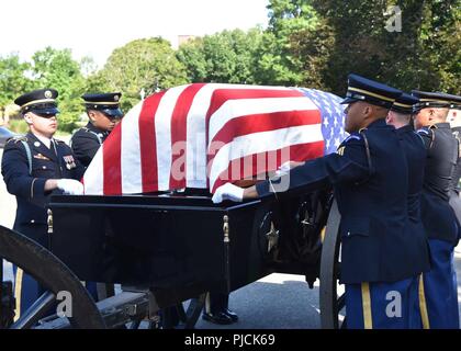 Soldiers with the 3rd Infantry Regiment (The Old Guard) carry the casket of Army Pfc. Walter W. Green, during his funeral at Arlington National Cemetery, Virginia, July 20.  In November 1950, Green was a member of Company E, 2nd Battalion, 8th Cavalry Regiment, 1st Cavalry Division, participating in combat actions against the Chinese People’s Volunteer Forces (CPVF) in the vicinity of Unsan, North Korea. Green, 18, of Zanesville, Ohio, was reported missing in action as of Nov. 2, 1950 when he could not be accounted for by his unit.  He was recently identified through DNA and anthropological an