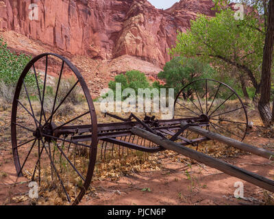 Old wagon near the Fremont River, Fruita, Capitol Reef National Park, Utah. Stock Photo
