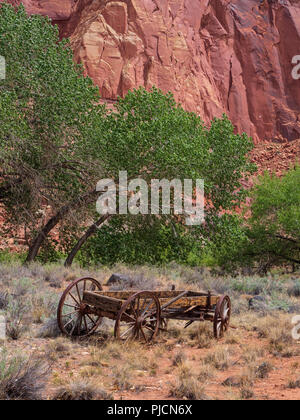 Old wagon near the Fremont River, Fruita, Capitol Reef National Park, Utah. Stock Photo