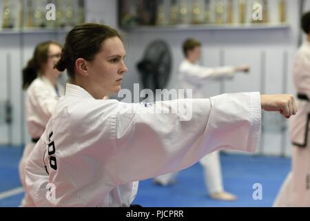 1st Class Lydia Delmonico, an information technology specialist assigned to the 180th Fighter Wing, Ohio Air National Guard, trains for the International Taekwondo Federation World Championships at Great Lakes Global Taekwondo in Sylvania, Ohio, July 11,2018. The ITF World Championships take place from July 31through Aug. 5 in Buenos Aires, Argentina. Stock Photo
