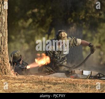 The Combat Support Training Exercise 91-18-01 at Fort Hunter Liggett, California during July 2018 brings various support units from across the country (and from other countries as well) to work together on various scenarios. Media were invited to observe an exercise with U.S. forces breaching an enemy encampment (role-played by other U.S.Army units) using combat engineers to fill an anti-vehicle ditch and deploy an M60 Armored Vehicle-Launched Bridge, July 22. Opposing forces such as these machine gunners were role-played by Soldiers from Joint Base Lewis-McChord, Washington. Observer Controll Stock Photo