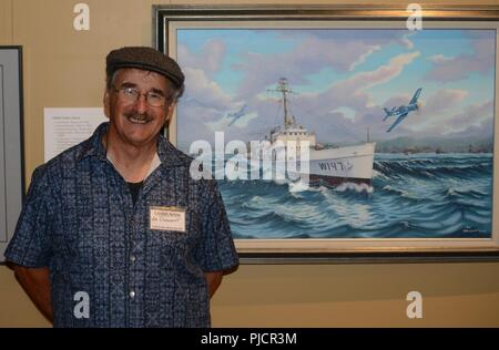 Jim Davenport, a professional artist, stands by his painting of the Coast Guard Cutter Morris, which is temporarily hanging at the Coos History Museum in Coos Bay, Ore., July 19, 2018.    Coast Guard artists—most of whom are professional artists—volunteer their time and talents to the Coast Guard Art Program collection which is comprised of nearly 2,000 works.    U.S. Coast Guard Stock Photo