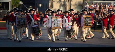 Soldiers with Fife and Drum Corps, 3d U.S. Infantry Regiment (The Old Guard), perform at the Fortissimo Tattoo 2018, in Ottawa, Canada, July 20, 2018. Fortissimo is a three night military spectacular which has drawn thousands of spectators since it began in 1997. The event also featured performances from Canadian’s Massed Pipes and Drums and the Ceremonial Guard. Stock Photo